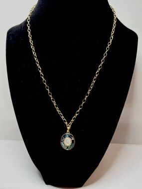 14k Gold Filled Rolo Style Chain Necklace with Blue and Turquoise Oval Pendant!